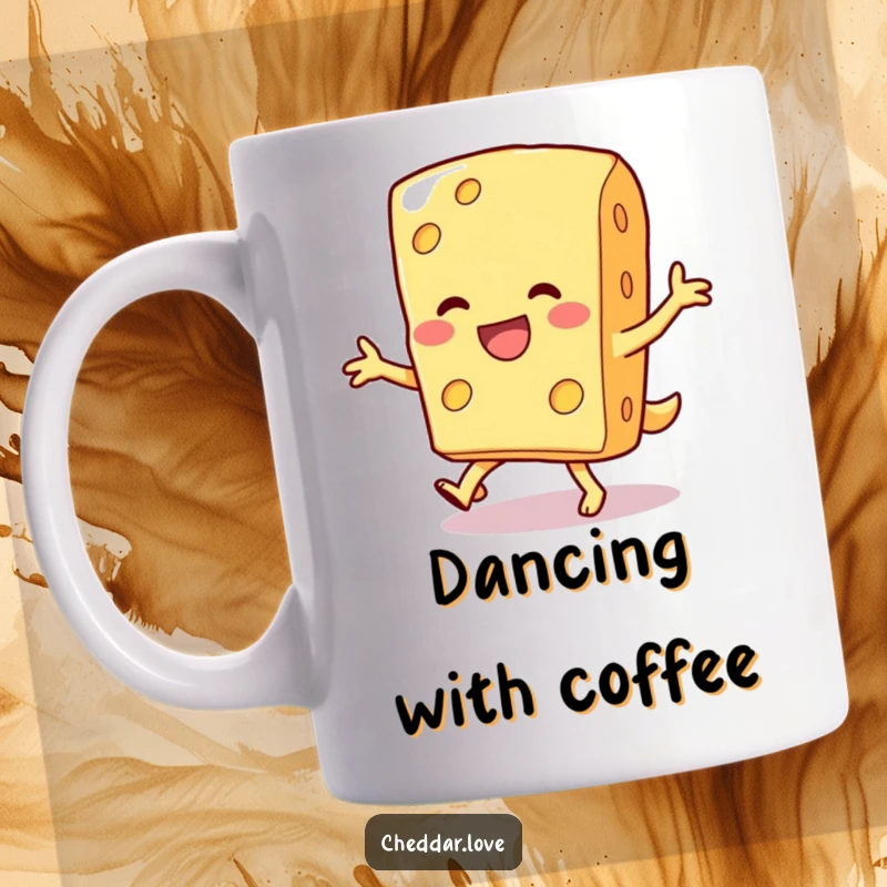 Funny mug featuring a smiling piece of cheese attempting a silly, joyful dance with enthusiasm.