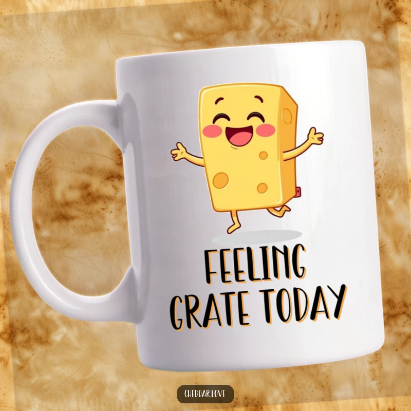 Funny cheddar cheese mug, a block of grinning cheese doing a joyful jig, radiating happiness and cheesy delight.