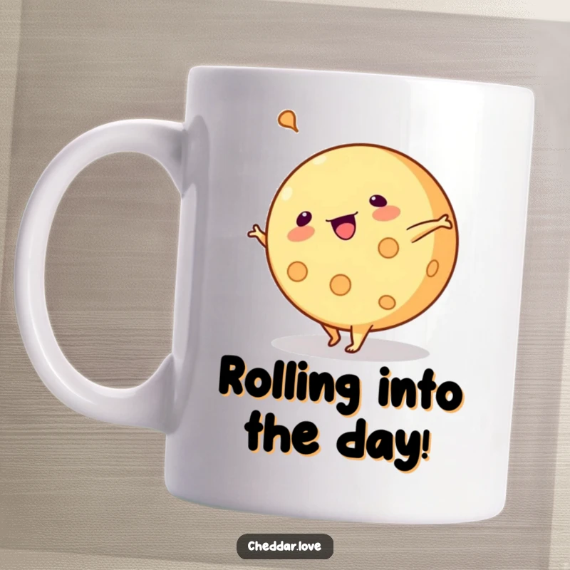 Funny mug: A round of cheese performs a cartwheel with energetic flair, a humorous and athletic food character.