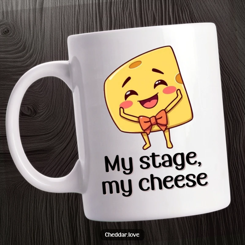 Funny Cheddar Cheese Mug: A grinning wedge of cheddar cheese taking a dramatic theatrical bow on a stage, full of showmanship.