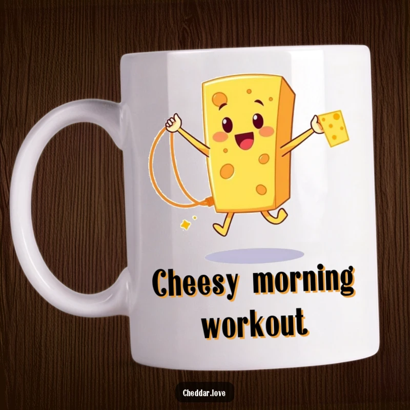 Funny Cheddar Cheese Mug: A happy cartoon cheese character energetically jumping rope with a strand of cheese, smiling brightly.