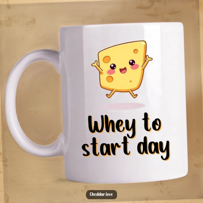 Funny mug featuring a cartoon wedge of cheese with arms and legs joyfully doing a cartwheel, celebrating cheesy fun.