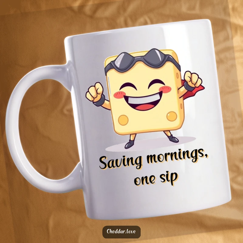Funny cheese cube superhero mug with a determined grin, striking an epic pose, ready to save the day with cheesy charm.