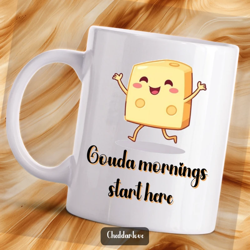 Funny wedge of cheese with tiny legs doing a joyful dance, perfect for a funny mug gift.