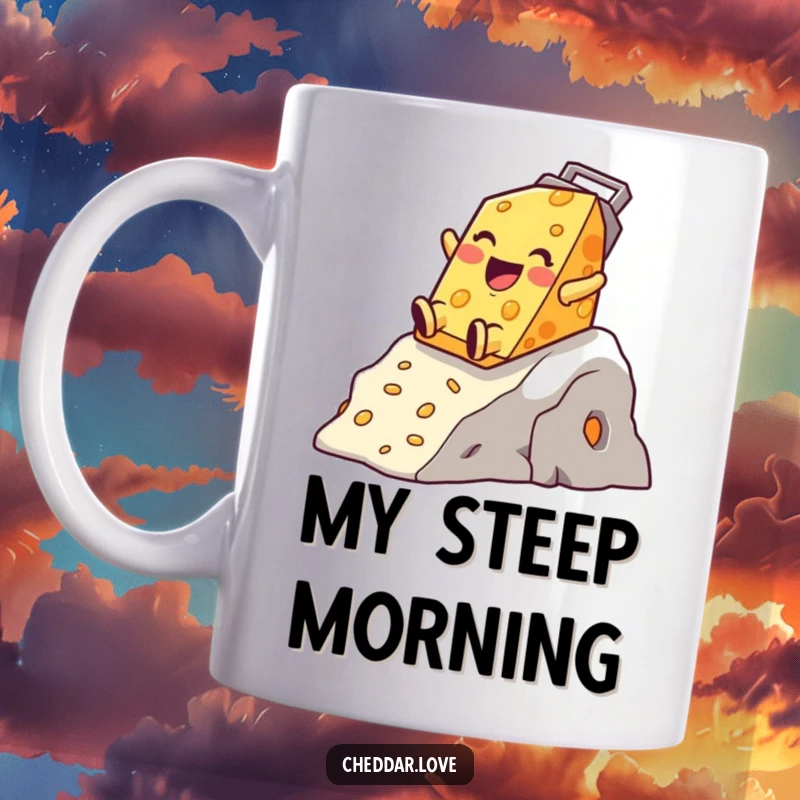 Funny Cheddar Cheese Mug featuring a happy character gleefully sliding down a cheese grater mountain, pure cheesy fun.