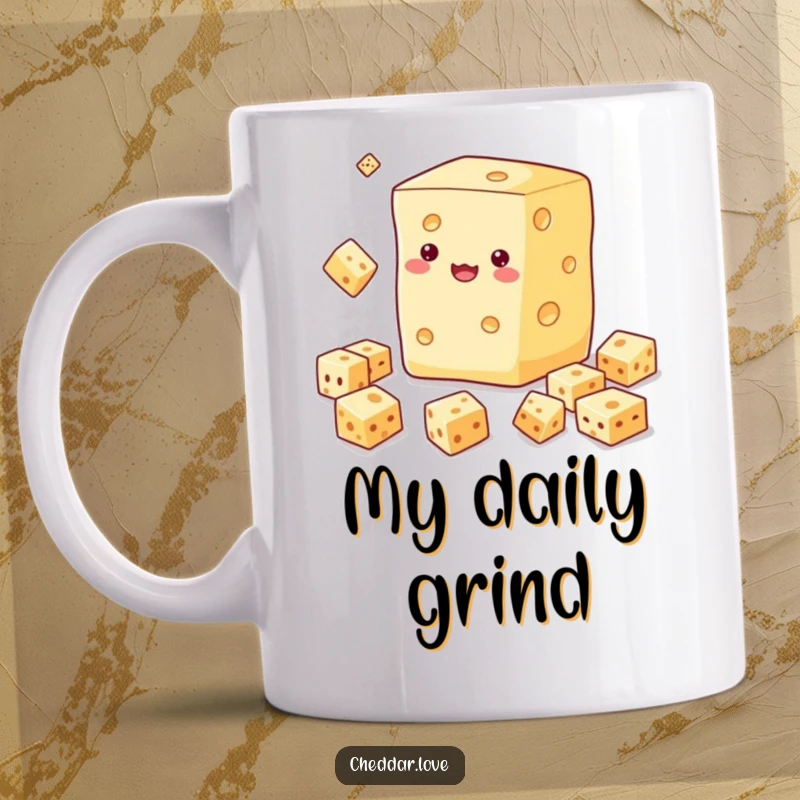 Funny mug showing a block of cheese with arms, skillfully juggling several smaller cheese cubes, showcasing dexterity.