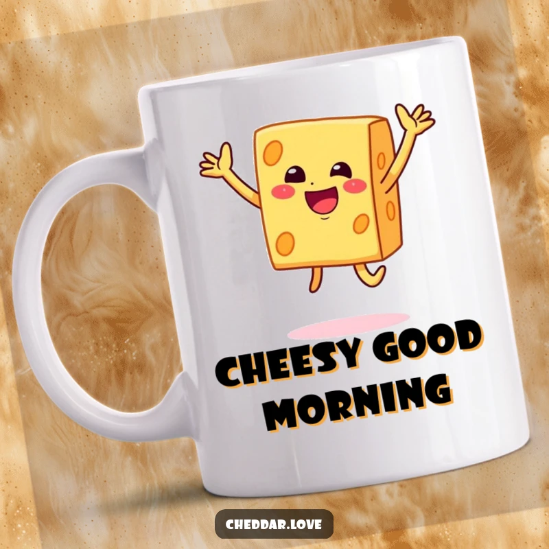 Funny smiley block of cheddar cheese doing a joyful jump on this cheerful and humorous mug.