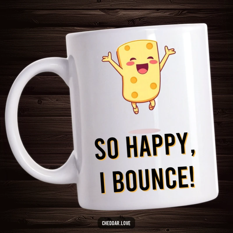 Funny mug depicting a joyful cheese chunk leaping high in the air with pure, unadulterated excitement and a celebration of cheesy goodness.