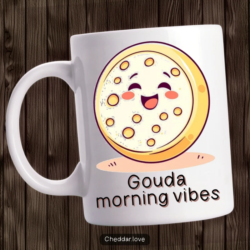 Funny, happy cheese wheel rolling downhill with pure delight and a smile, perfect gift for cheese enthusiasts.