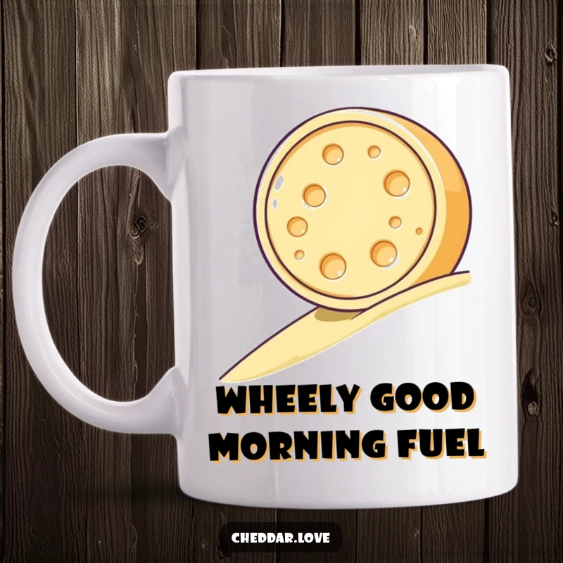 Funny mug featuring a round cheese wheel joyfully rolling downhill, conveying a sense of carefree fun and cheesy happiness.