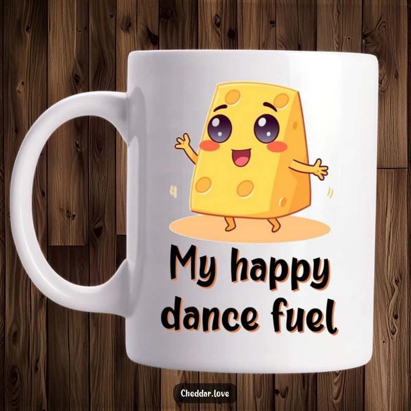 Funny Cheddar Cheese Mug featuring a googly-eyed wedge doing an energetic jig, perfect for cheesy humor.