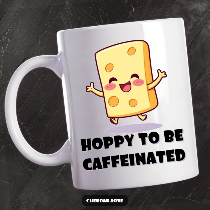 Funny cheerful cheese slice mug, doing a little hop with pure excitement and a wide, happy grin.