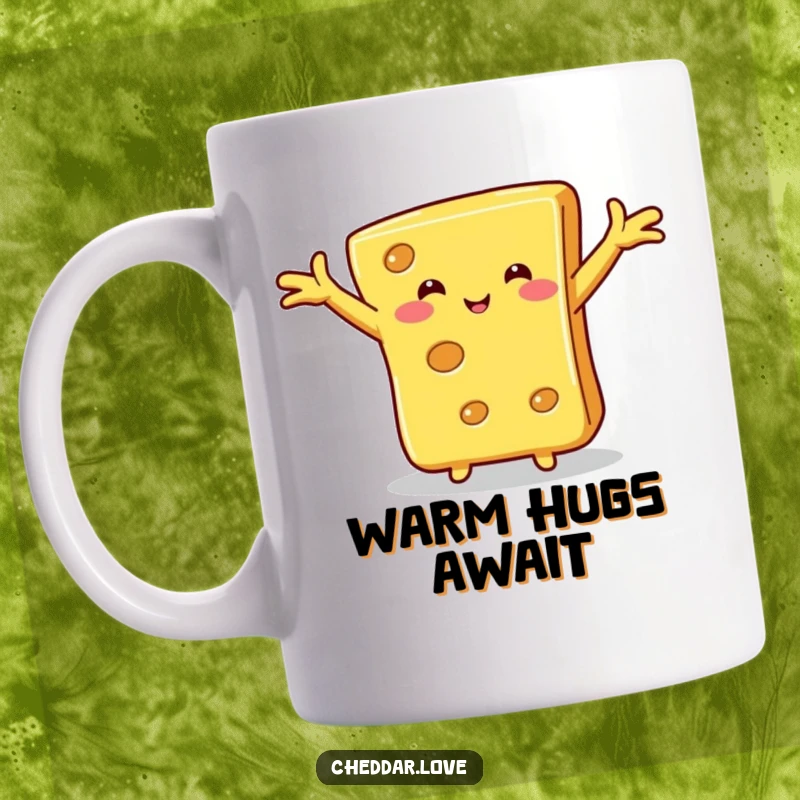 Funny cheese hug mug, a slice of cheese with outstretched arms, ready for a warm hug, symbolizing affection and cheesy love.