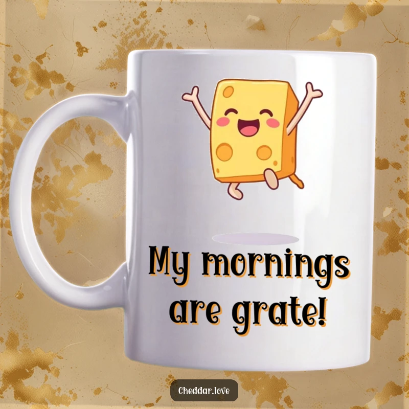 Funny mug featuring a joyous cheese block mid-air leap, celebrating with ecstatic energy. Perfect for a cheese lover's gift.