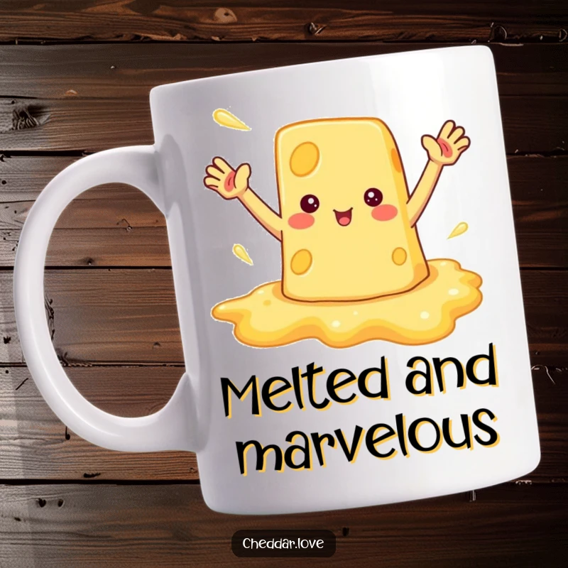 Funny mug depicting a happy, melted cheese puddle with arms enthusiastically waving hello, radiating warmth.