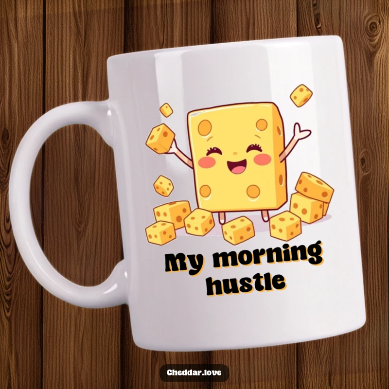 Funny Cheddar Cheese Mug featuring a smiling block enthusiastically juggling smaller cheese cubes, a playful sight.