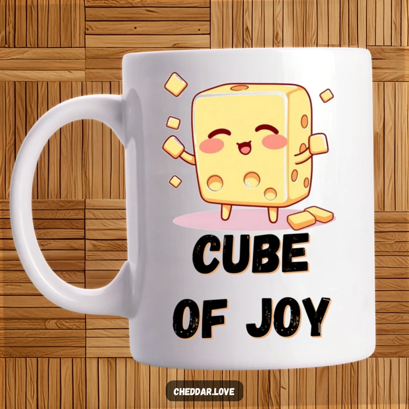 Funny Mug: A cheerful cheese cube with a mischievous wink juggles several small crackers, looking quite skilled.