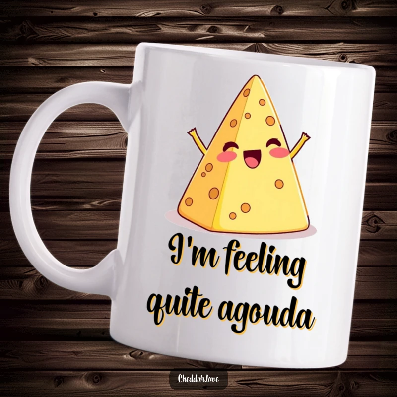 Funny mug featuring a cartoon cheese pyramid doing a silly, exaggerated wobble, expressing pure foodie happiness.