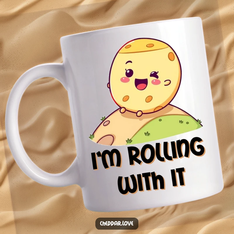 Funny cheese wheel mug with a joyful expression, rolling gleefully down a hill, perfect for dairy lovers and gift recipients.