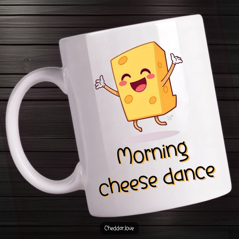 Funny grinning cheddar cheese slice doing a triumphant dance, a joyful and humorous mug.