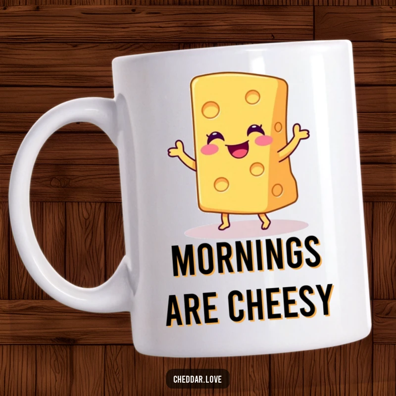 Funny mug showing a smiling wedge of cheddar cheese doing a joyful little dance with delight.