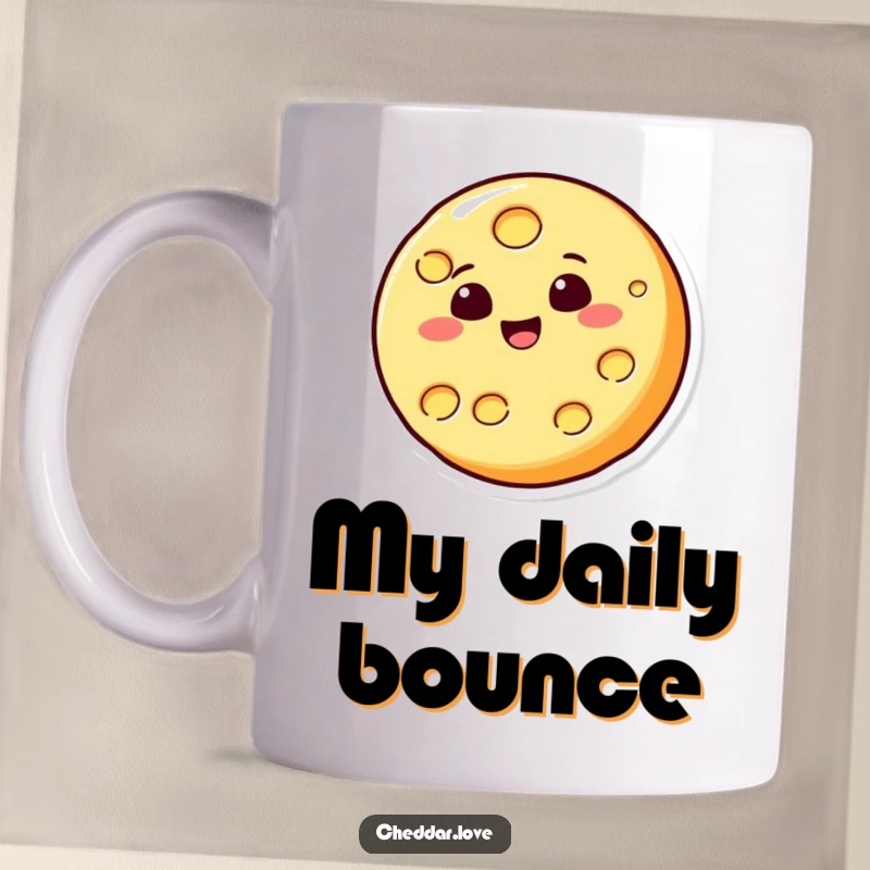Funny cheese slice mug featuring a round cheese character bouncing joyfully like a playful ball, perfect for dairy lovers.