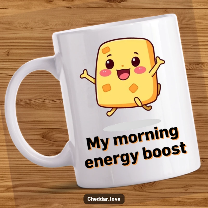 Funny Mug featuring a piece of cheese with legs, jumping joyfully with enthusiasm and a big smile.