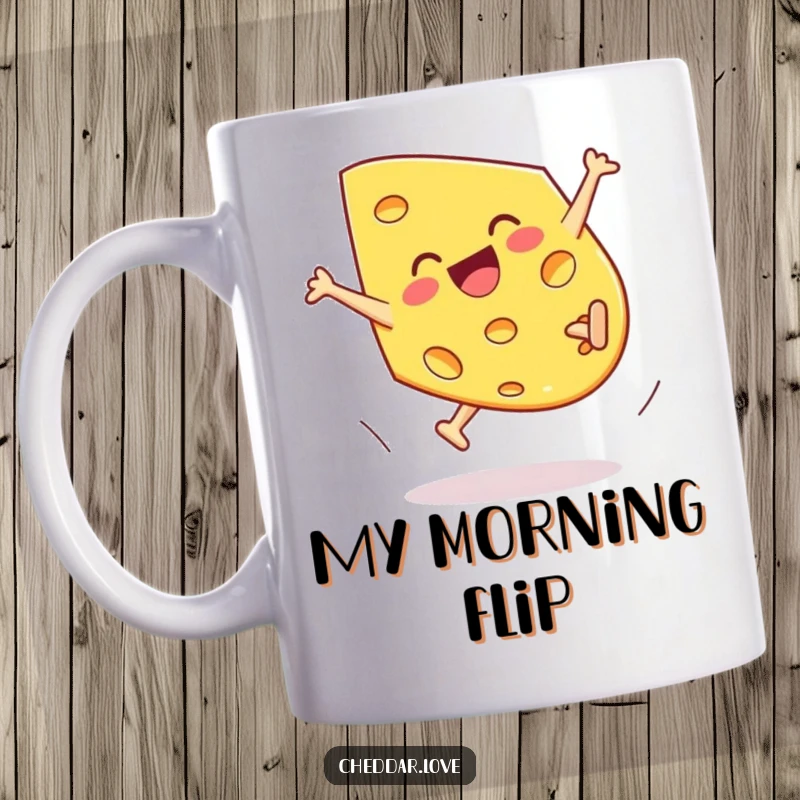 Funny Cheddar Cheese Mug featuring a piece doing a cartwheel with pure joyful abandon, bursting with energy.