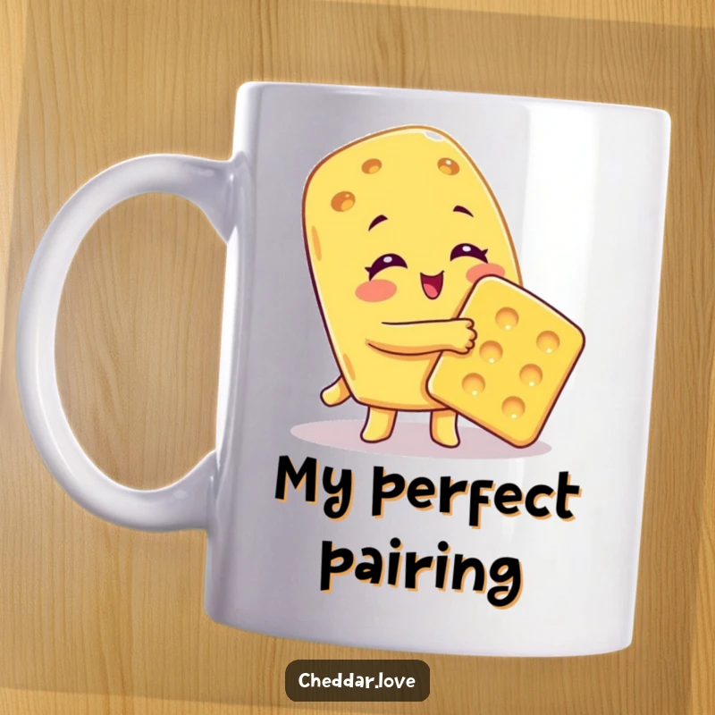 Funny Mug featuring a cheese character giving a big, warm, cheesy hug to a happy cracker.