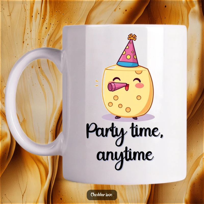 Funny mug with a cheese wheel wearing a party hat and blowing a noisemaker, radiating pure celebration. Ideal funny gift.