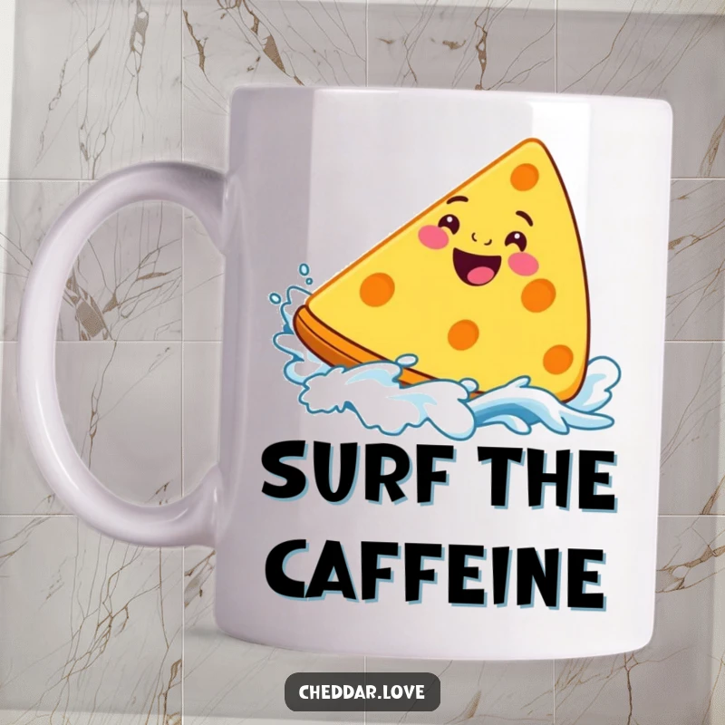 Funny Cheddar Cheese Mug featuring a grinning wedge playfully surfing a stylized cheesy wave, capturing pure joy.