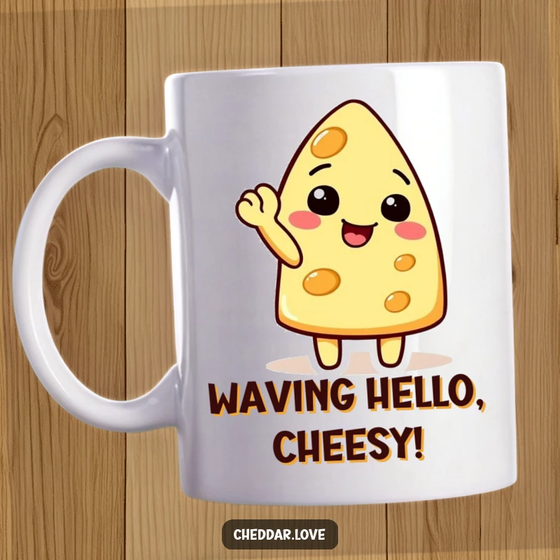 Funny cheese character doing a cheerful wave with a raised corner on this humorous mug, a perfect gift.
