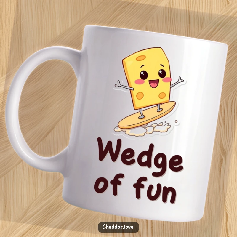 Funny Mug: A happy cheese wedge joyfully surfs on a potato chip, showcasing a thrilling and hilarious moment.