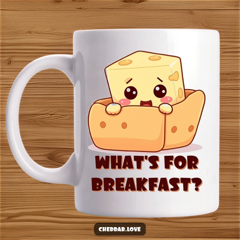 Funny mug featuring a curious cheese cube peeking out from behind a giant cracker, eyes wide with comical surprise and foodie delight.