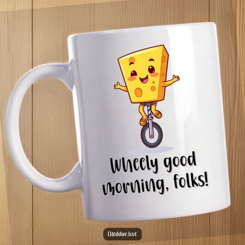 Funny Cheddar Cheese Mug: A cheerful cartoon cheese character grinning wildly while skillfully balancing on a unicycle.