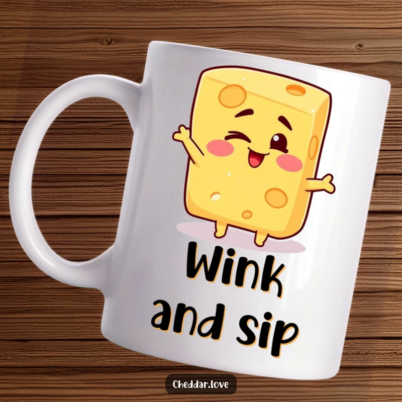 Funny cheese mug depicting a block of cheese with a cheerful wink and a comically silly pose, bringing humor to drinkware.