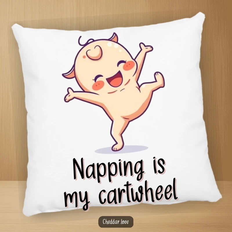 Funny, soft pillow featuring a happy cheese character doing a cartwheel, bringing whimsical comfort to any seating area.