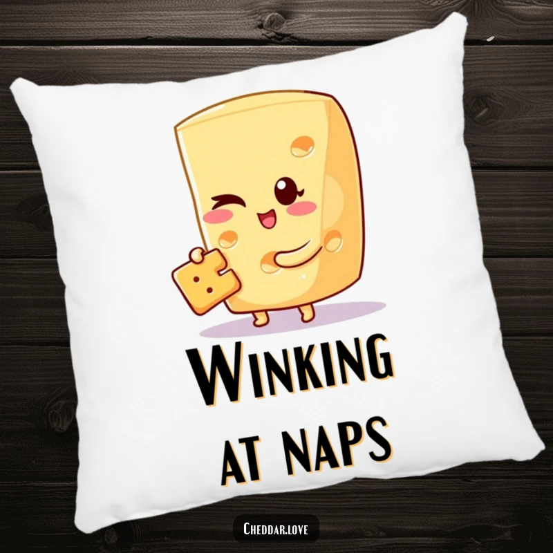 Funny, soft pillow featuring a cheese wedge winking with a cracker, bringing cozy, playful comfort to any space.