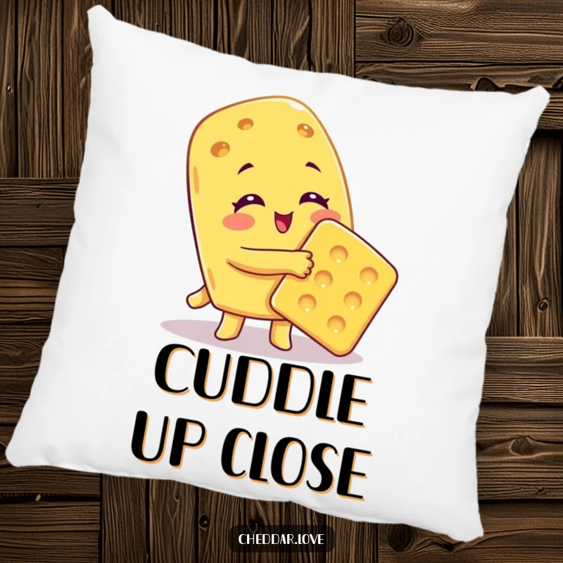 Funny Pillow featuring a cheese character giving a big, comforting hug to a cracker, symbolizing warmth.