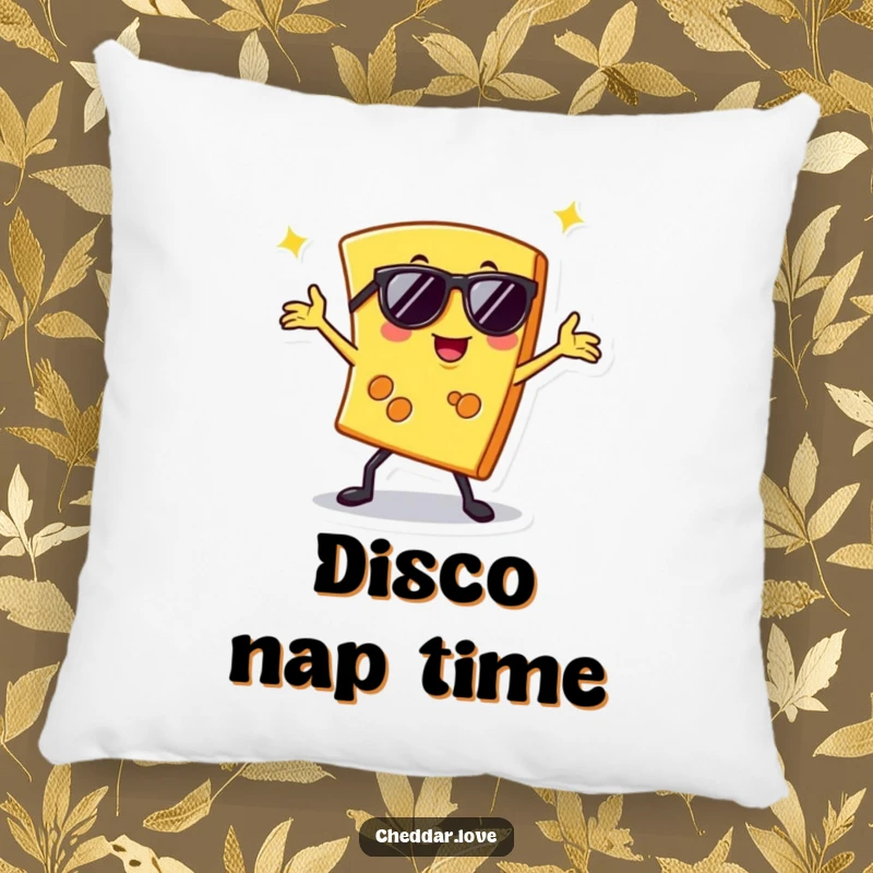 Funny pillow with a slice of cheese in sunglasses doing a disco pose, perfect for adding comfort and humor.