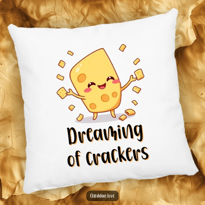 Funny pillow featuring a cheese character juggling crackers, providing a soft and humorous decorative accent for any room.