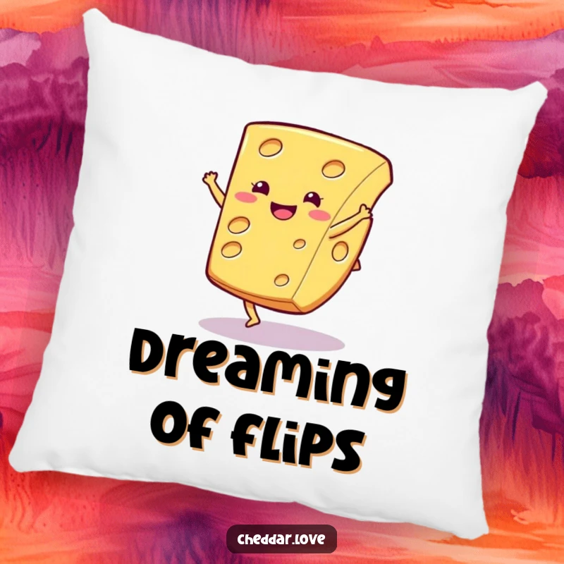 Funny cheese pillow, featuring a happy cheese slice performing a lively cartwheel, bringing comfort and humor to any room.