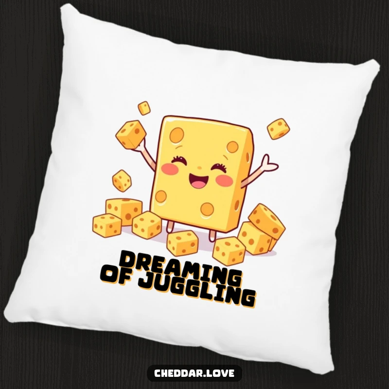 Funny Cheddar Cheese Pillow, a smiling block juggling cubes, offering plush comfort and humorous charm.