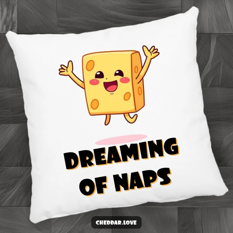 Funny smiley block of cheddar cheese doing a joyful jump, a soft and humorous addition on this pillow.