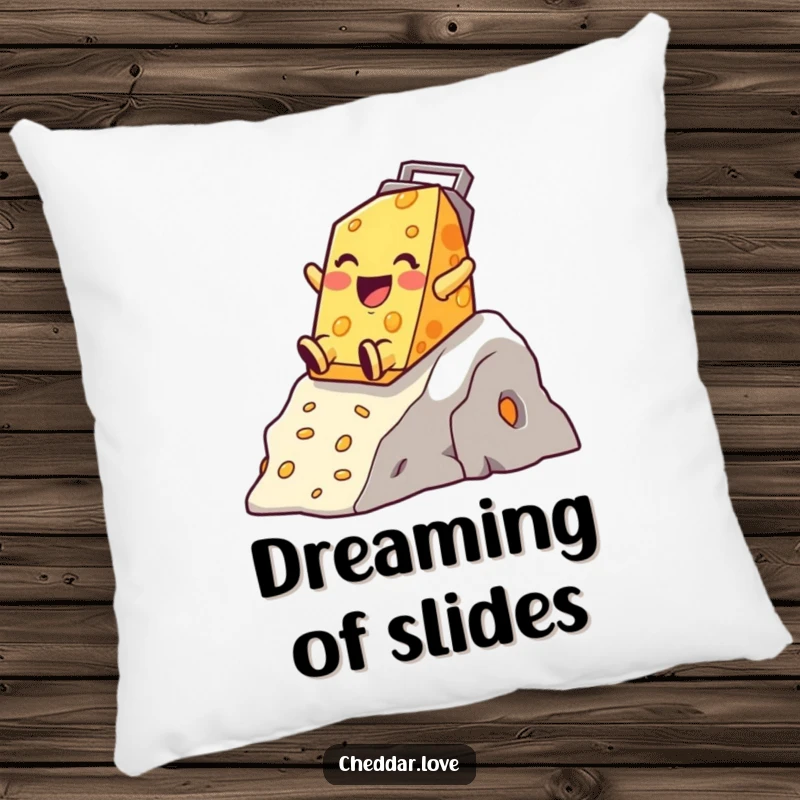 Funny Cheddar Cheese Pillow, a happy character sliding down a cheese grater mountain, offering comfort and humor.