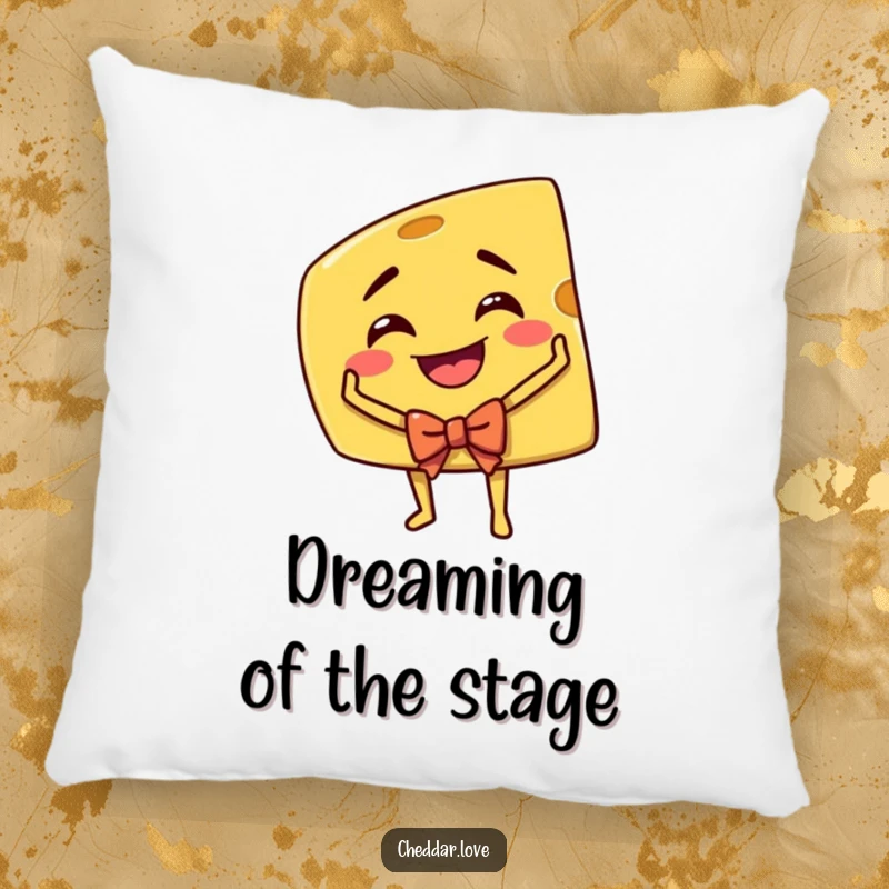Funny Cheddar Cheese Pillow: A grinning cheddar cheese wedge taking a dramatic bow, offering comfort and comedic charm.