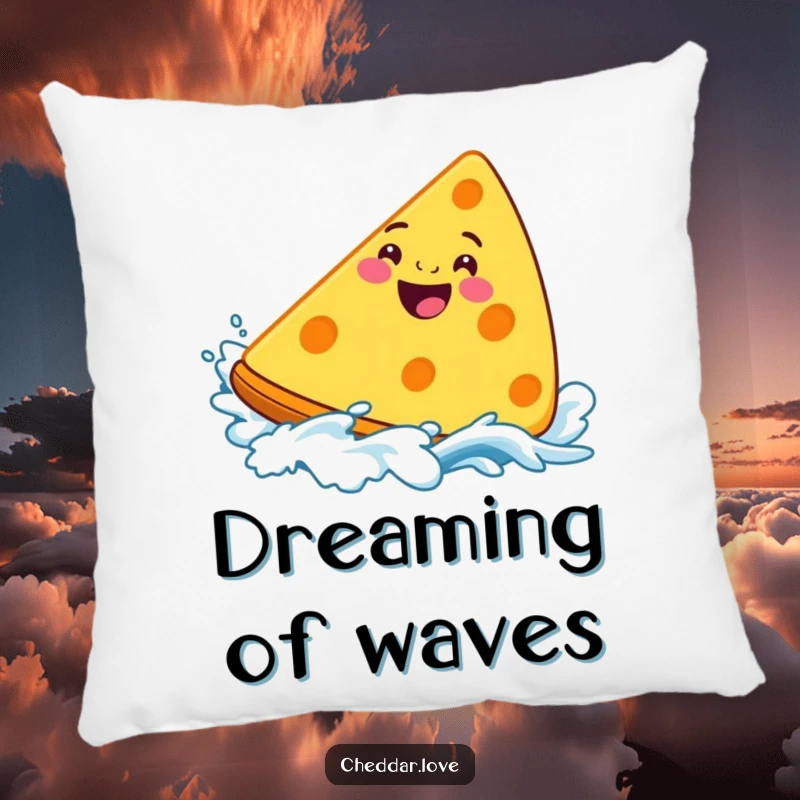 Funny Cheddar Cheese Pillow, a grinning wedge surfing a cheese wave, offering comfort and a splash of fun.
