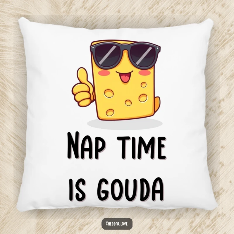 Funny cheddar cheese slice in sunglasses, thumbs-up pose, on a pillow, offering plush comfort and cheesy humor.