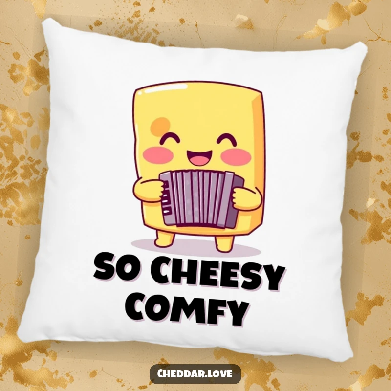 Funny cheese pillow showing a smiling cheddar cheese playing an accordion, comfortable and humorous musical decor.