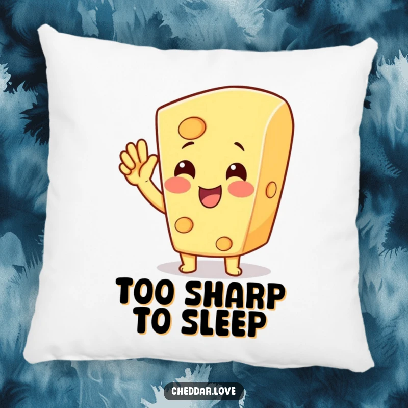 Funny cheese character cheering with a raised hand, printed on a soft pillow for a funny home decor gift.